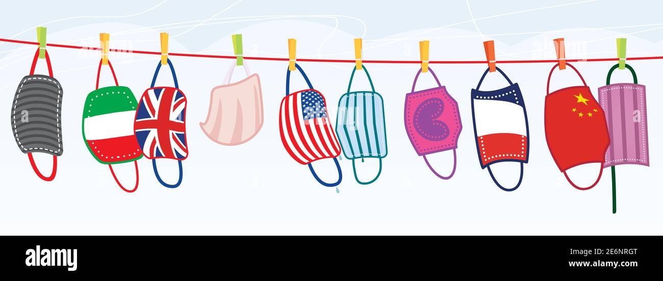 Washed Protective Face Masks Hanging on a Line. Vector Illustration. Drying Laundered Reusable Masks with Flags of Different Countries. Stock Vector
