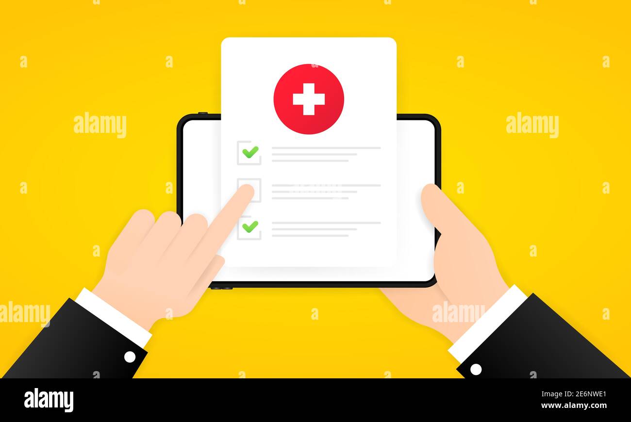 Medical survey online illustration. Hand holding tablet with medical form list with results data and approved check mark. Clinical checklist document. Stock Vector