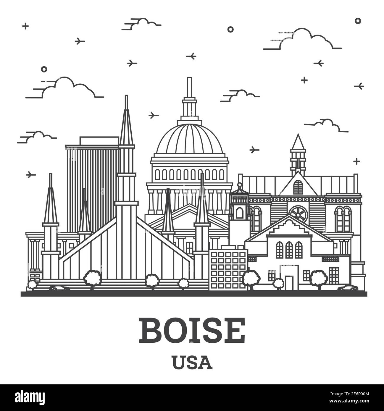 Outline Boise Idaho City Skyline with Modern Buildings Isolated on White. Vector Illustration. Boise USA Cityscape with Landmarks. Stock Vector