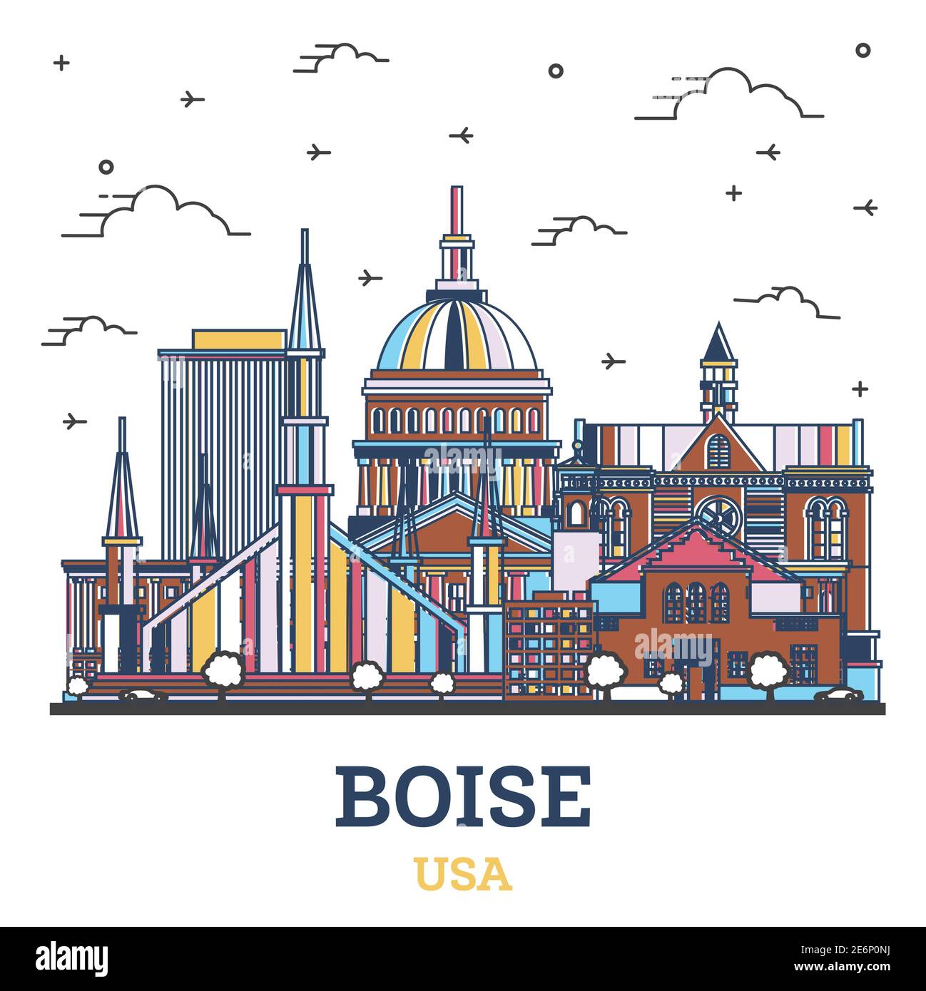 Outline Boise Idaho City Skyline with Colored Modern Buildings Isolated on White. Vector Illustration. Boise USA Cityscape with Landmarks. Stock Vector
