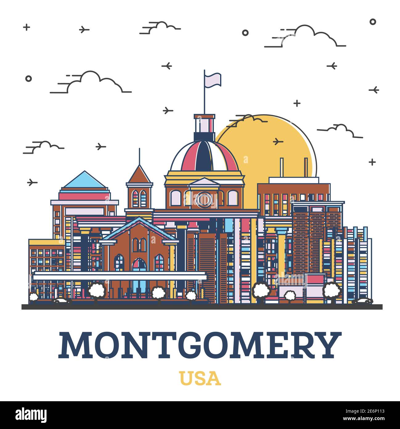 Outline Montgomery Alabama USA City Skyline with Colored Modern Buildings Isolated on White. Vector Illustration. Montgomery USA Cityscape. Stock Vector