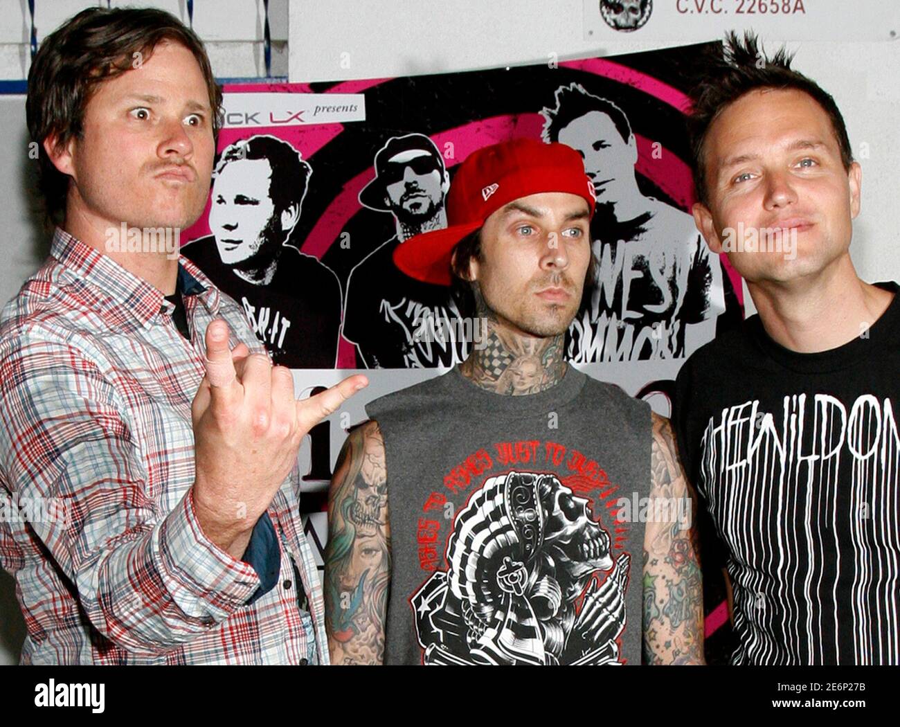 Blink 182 Band Members L R Guitarist Vocalist Tom Delonge Drummer Travis Barker And Bassist Vocalist Mark Hoppus Pose At A Party To Launch Their Summer Tour At El Compadre Restaurant In Los Angeles California May