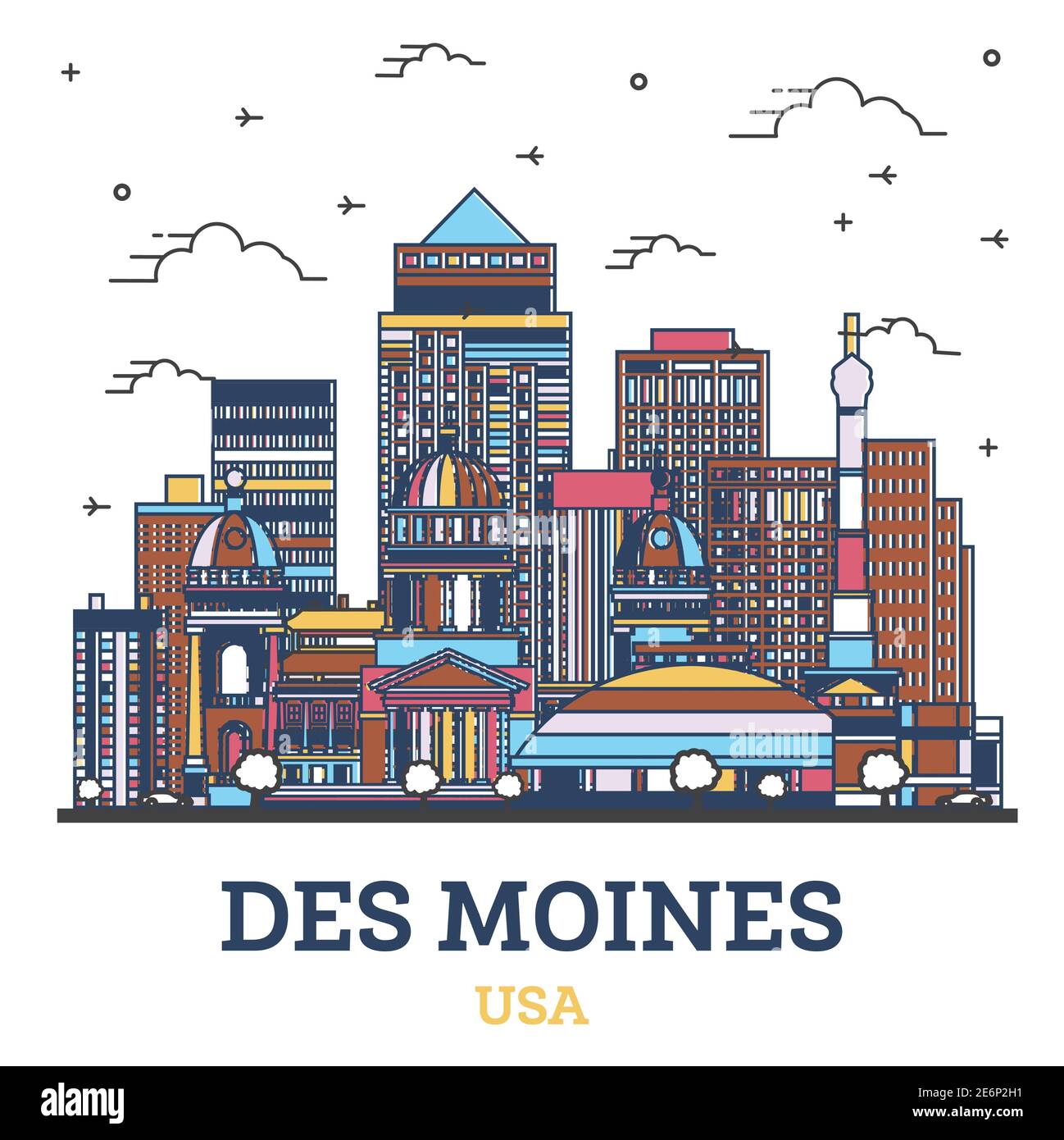 Outline Des Moines Iowa City Skyline with Colored Modern Buildings Isolated on White. Vector Illustration. Des Moines USA Cityscape with Landmarks. Stock Vector
