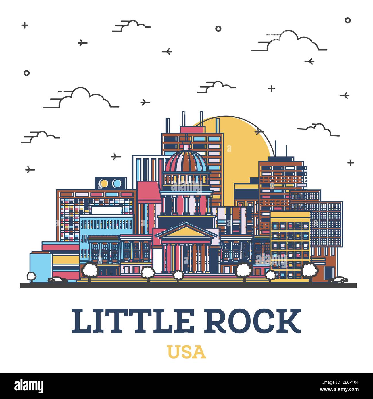 Outline Little Rock Arkansas USA City Skyline with Color Buildings Isolated on White. Vector Illustration. Little Rock USA Cityscape with Landmarks. Stock Vector