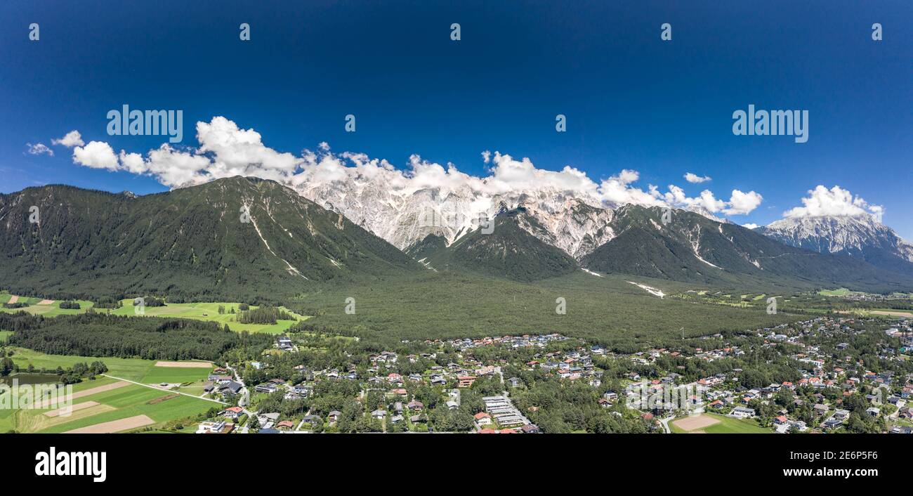 Panorama aerial view of mieming mountain range in Obermieming valley in Tyrol Austria Stock Photo