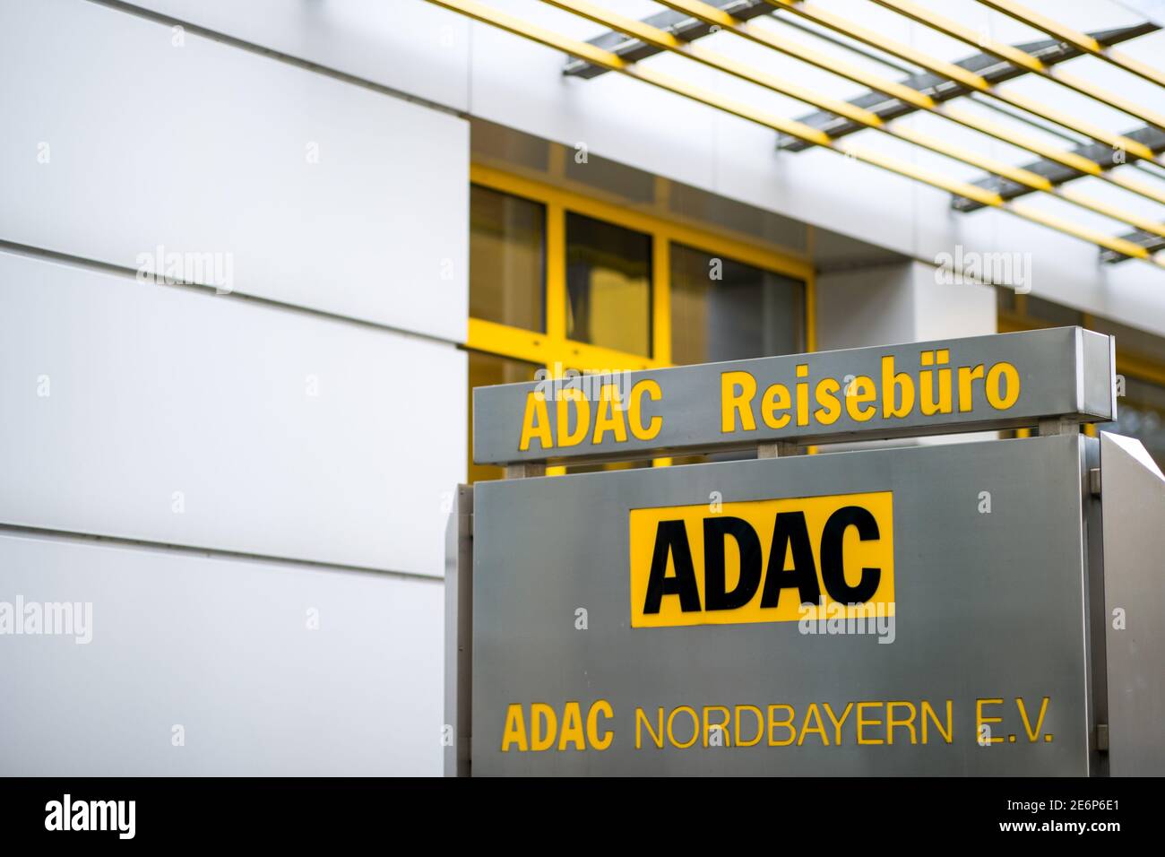 Nuremberg, Germany. 21st Jan, 2021. The logo of the automobile club ADAC stands on a pillar in front of the building at the headquarters of ADAC-Northern Bavaria. Credit: Daniel Karmann/dpa/Alamy Live News Stock Photo