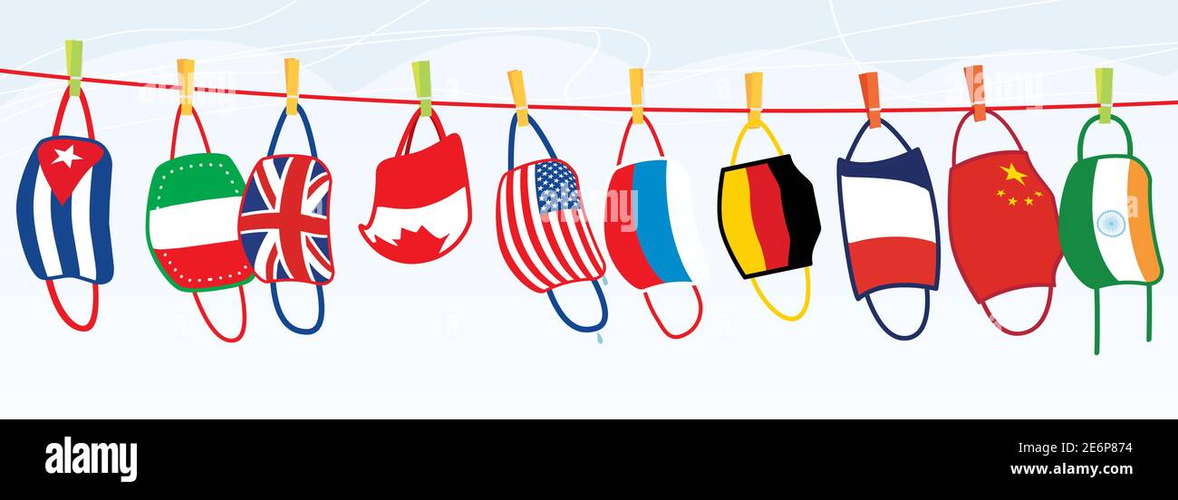 Washed Protective Face Masks Hanging on a Line. Vector Illustration. Drying Laundered Reusable Masks with Flags of Different Countries. Stock Vector