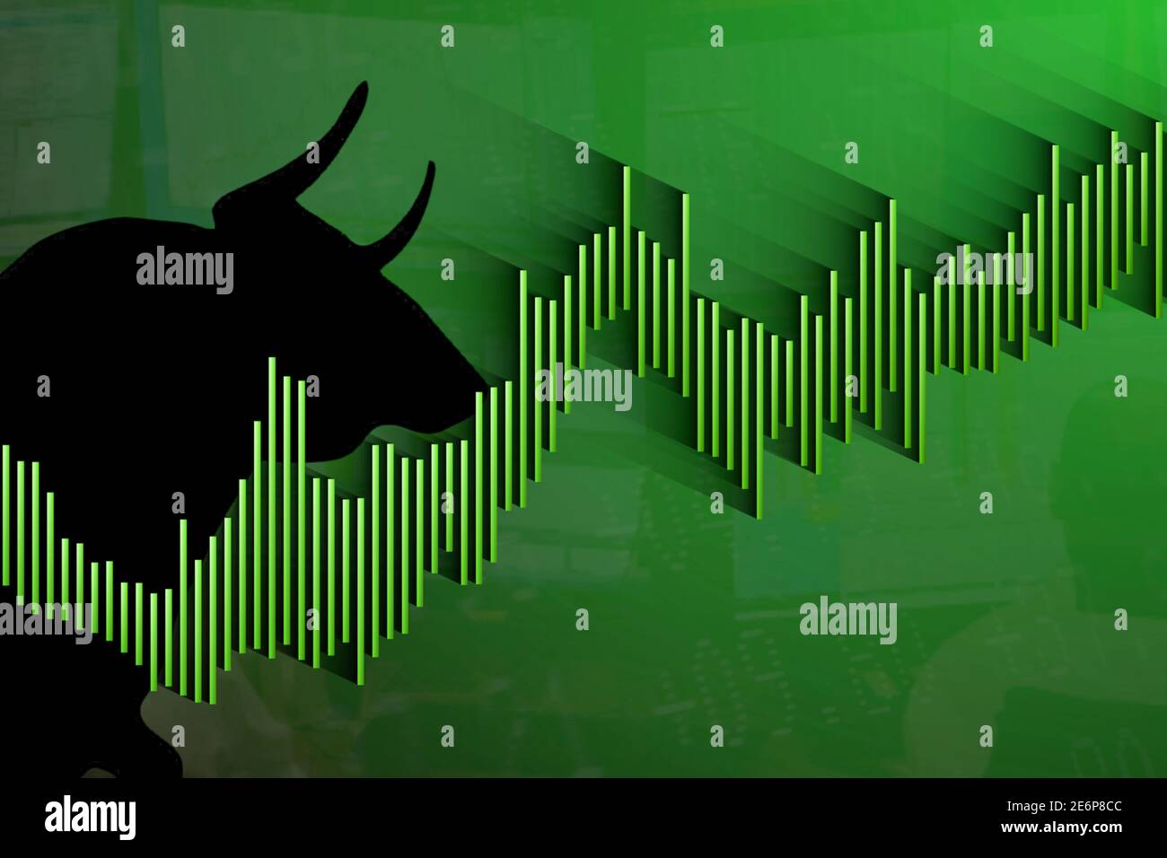A bullish stock market with a green background. The green bar chart with a black silhouette of a bull with horns pointing to the ascending chart shows... Stock Photo