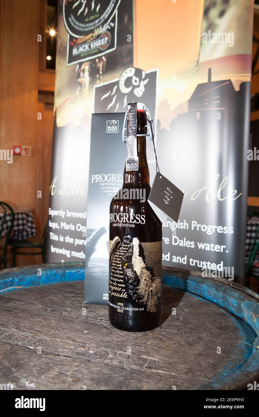 A bottle of the limited release Progress beer brewed to celebrate the 20th anniversary of the founding of the Black Sheep Brewery Stock Photo