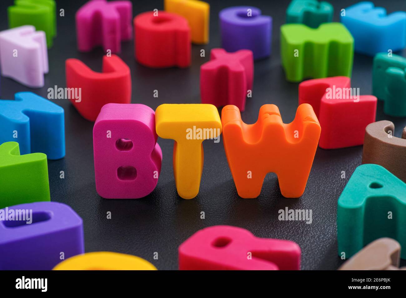 The abbreviation BTW (by the way) made out of polymer clay letters. Close up. Stock Photo