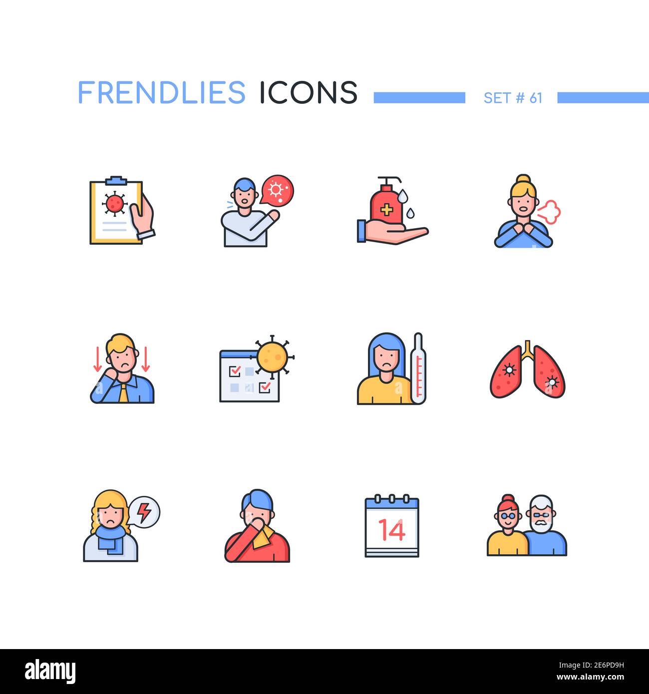 Coronavirus Disease line design style icons set. Fever, tiredness