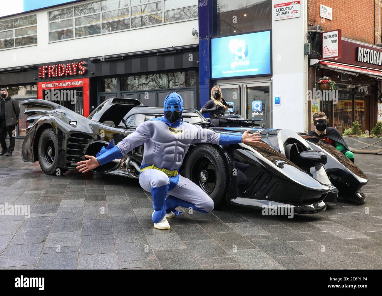 London, UK. 28th Jan, 2021. Roman Kemp, Sian Welby and Sonny Jay possing  outside Global the Radio.Capital Breakfast presenter Roman Kemp was  surprised with a ride in a batmobile outside the Capital