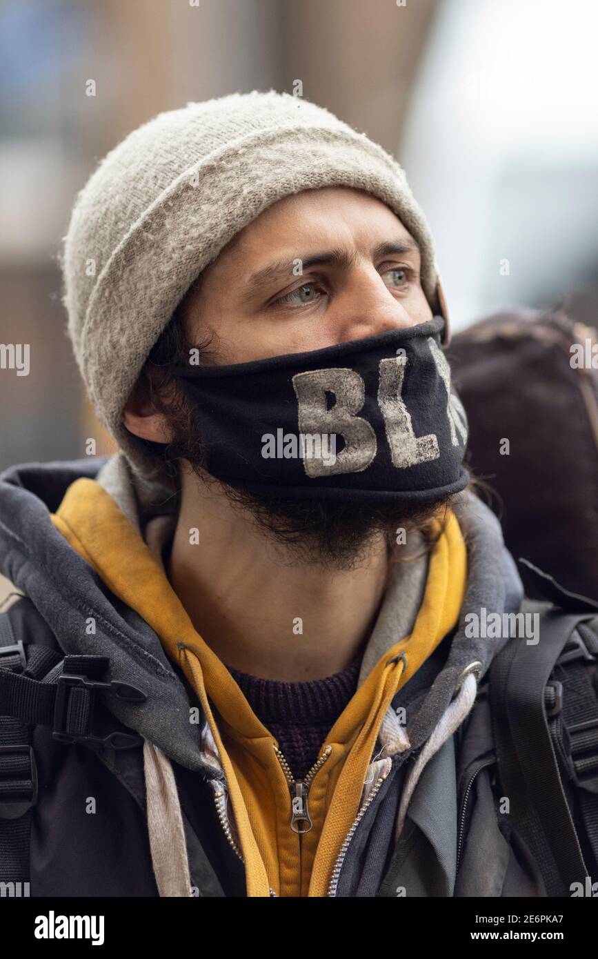 Eviction of Stop HS2 protesters from campsite at Euston Square Gardens, London, 27 January 2021. Portrait of an evicted protester. Stock Photo