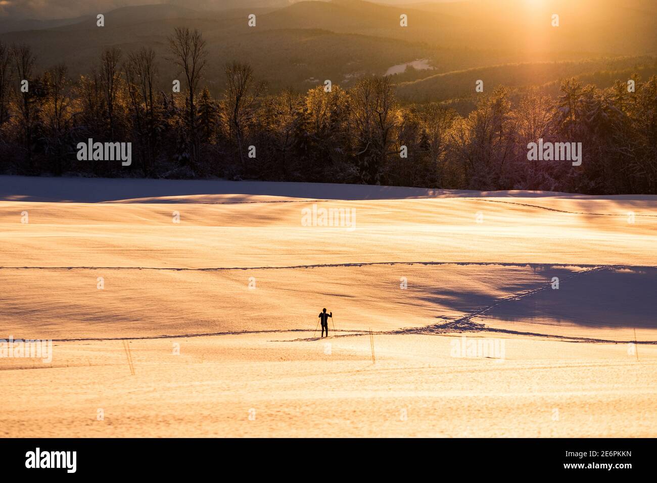 Cross country skiing silhouettes, East Montpelier, VT, USA Stock Photo