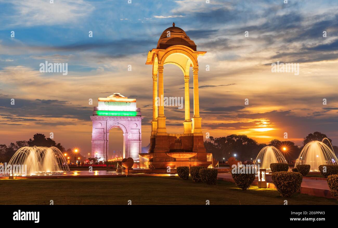 The India Gate and the Canopy in New Delhi, sunset view Stock Photo