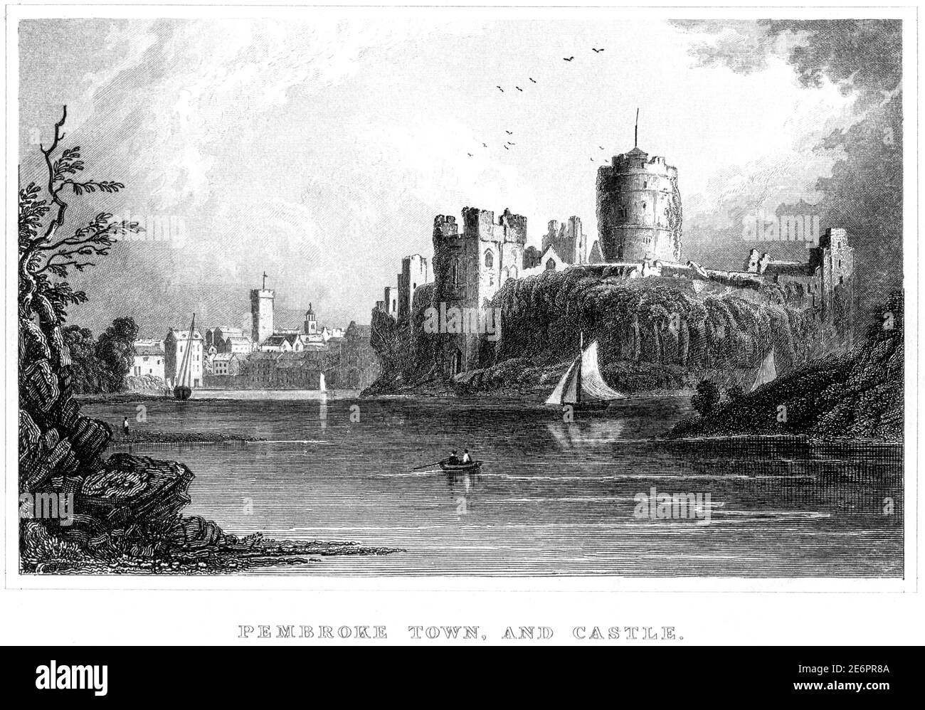 An engraving of Pembroke Town and Castle scanned at high resolution from a book published in 1854.  Believed copyright free. Stock Photo