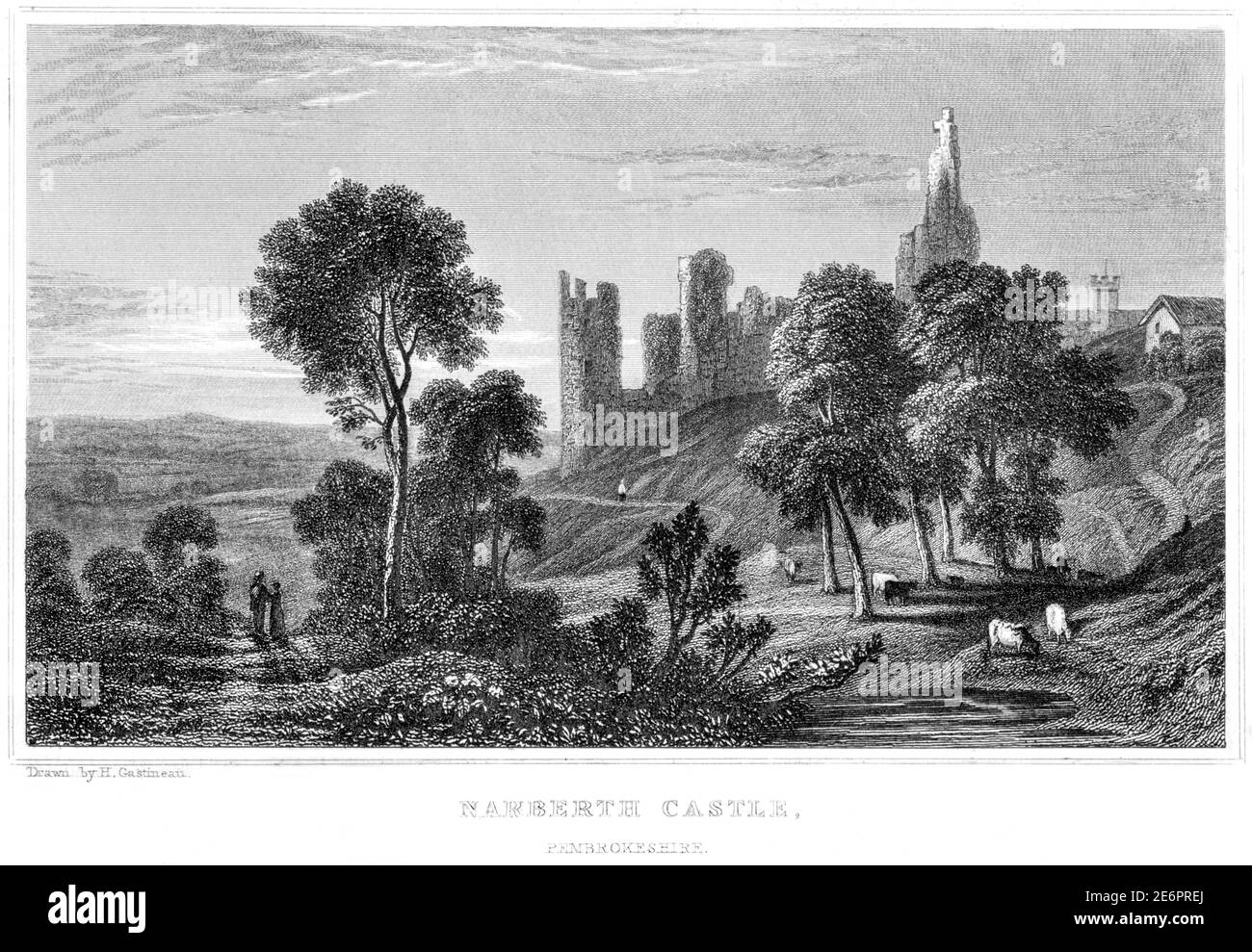 An engraving of Narberth Castle, Pembrokeshire scanned at high resolution from a book published in 1854.  Believed copyright free. Stock Photo