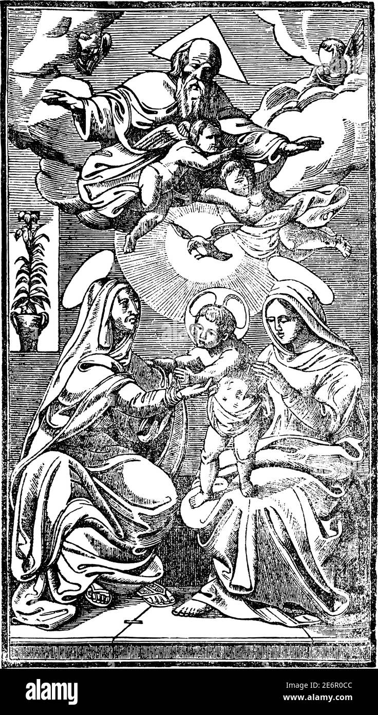 Baby Jesus Christ with Anna the Prophetess and Virgin Mary, Lord or god with angels or cherubs on the heaven above.Antique vintage christian religious engraving or drawing illustration. Stock Vector