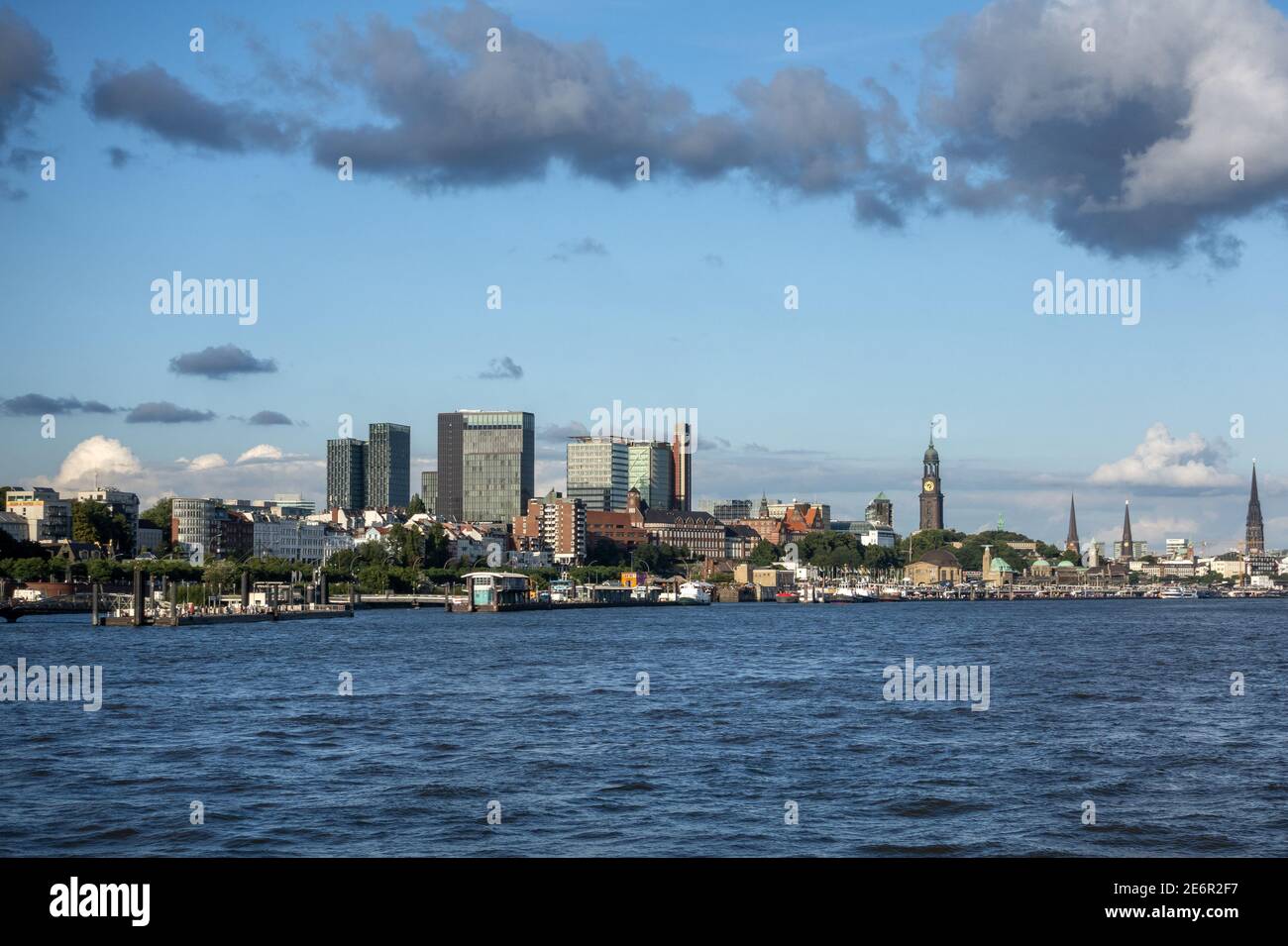 View of the cityscape of Hamburg viewed from the Elbe River in Germany Stock Photo