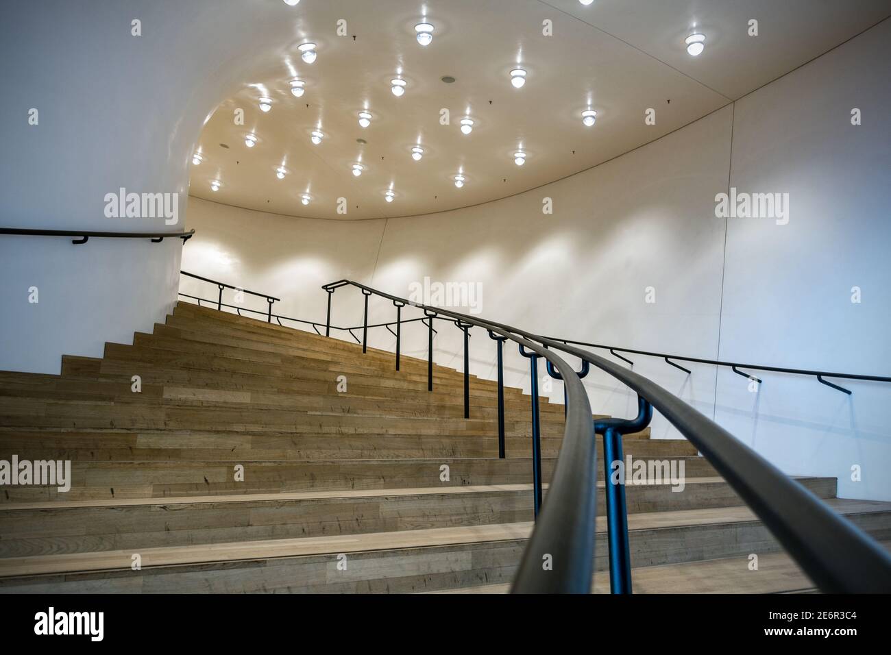 Stairway design inside the Elbphilharmonie, a concert hall in the HafenCity quarter of Hamburg, Germany, on the Grasbrook peninsula of the Elbe River Stock Photo