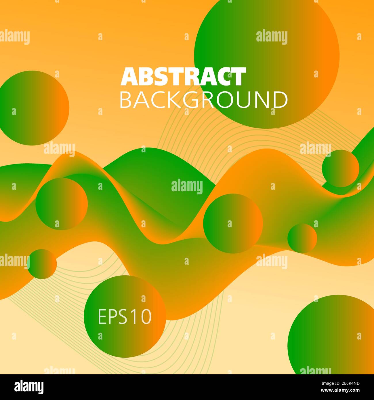 Bright orange, green fluid. Colored background. Abstract wave pattern and spheres. Flowing 3d shape, motion illusion. Futuristic liquid design. EPS10 Stock Vector