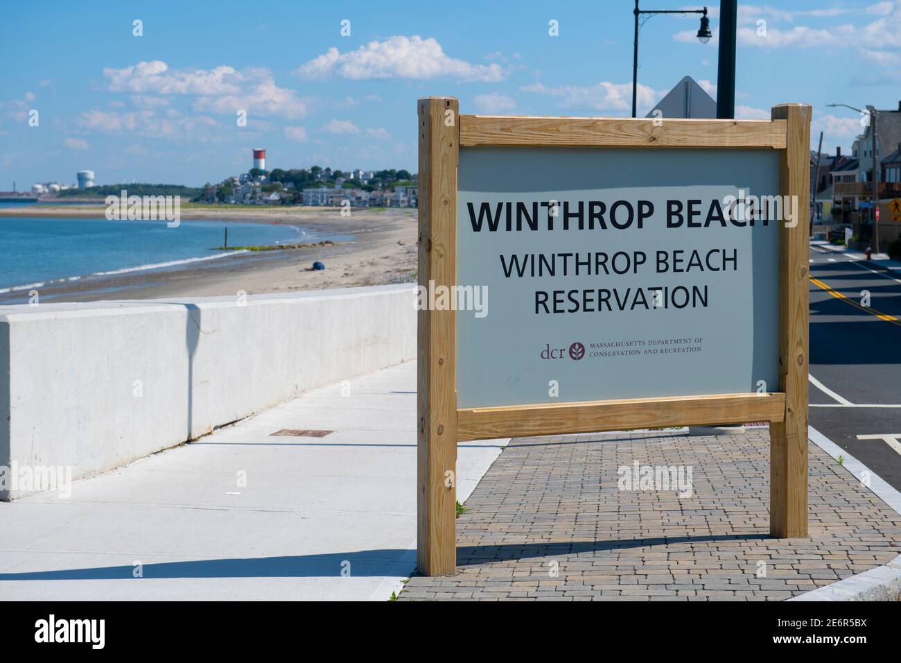 Sign of Winthrop Beach reservation with Water Tower at the background