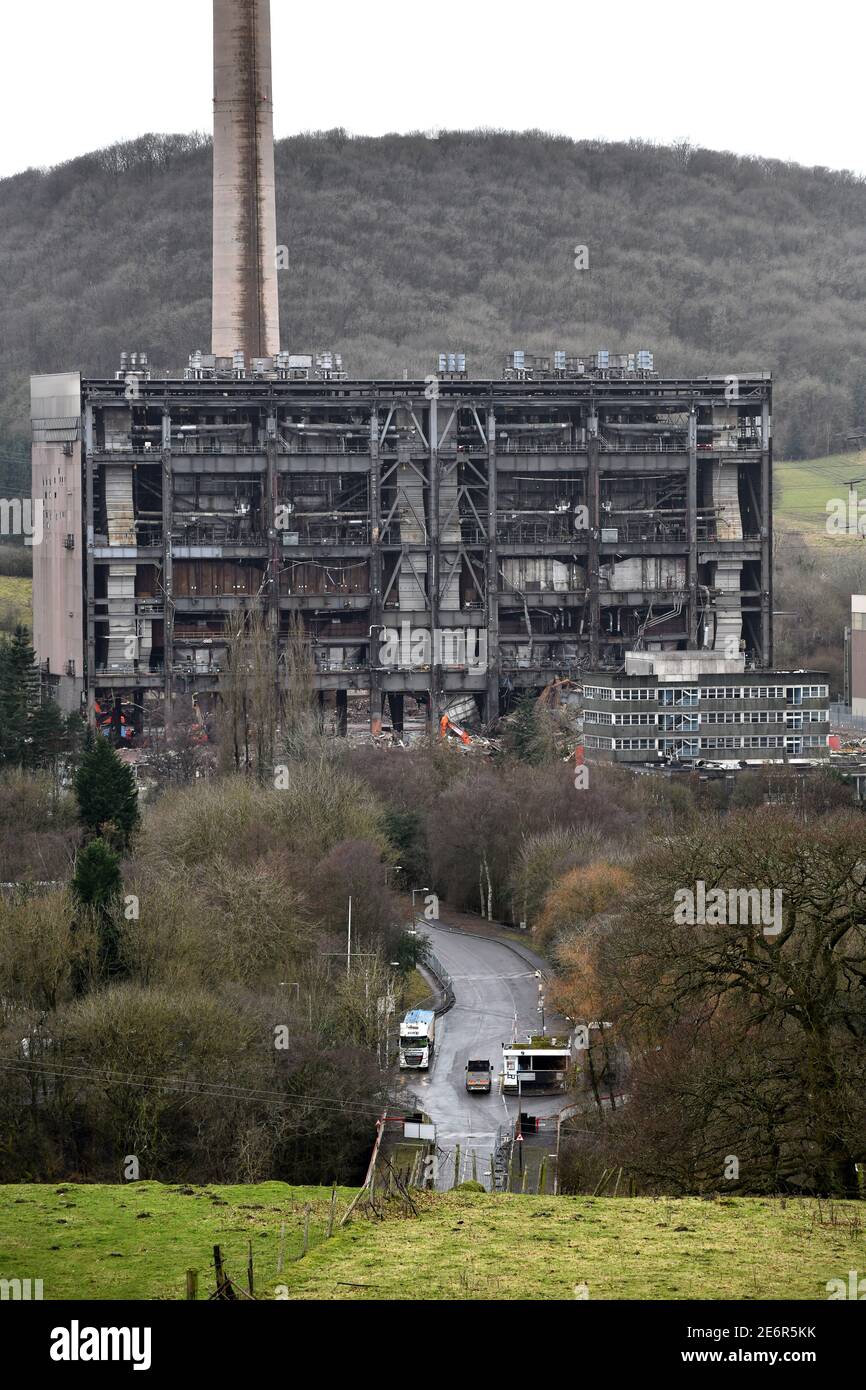 Demolition of the giant turbine hall at the decommissioned Buildwas Power Station near Ironbridge in Shropshire Stock Photo