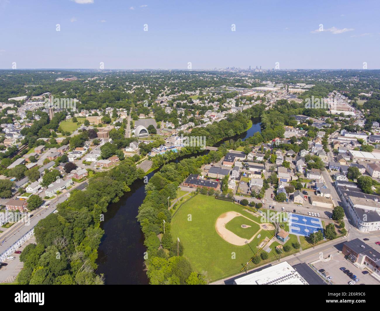 Waltham historic city center and Charles River aerial view with Boston