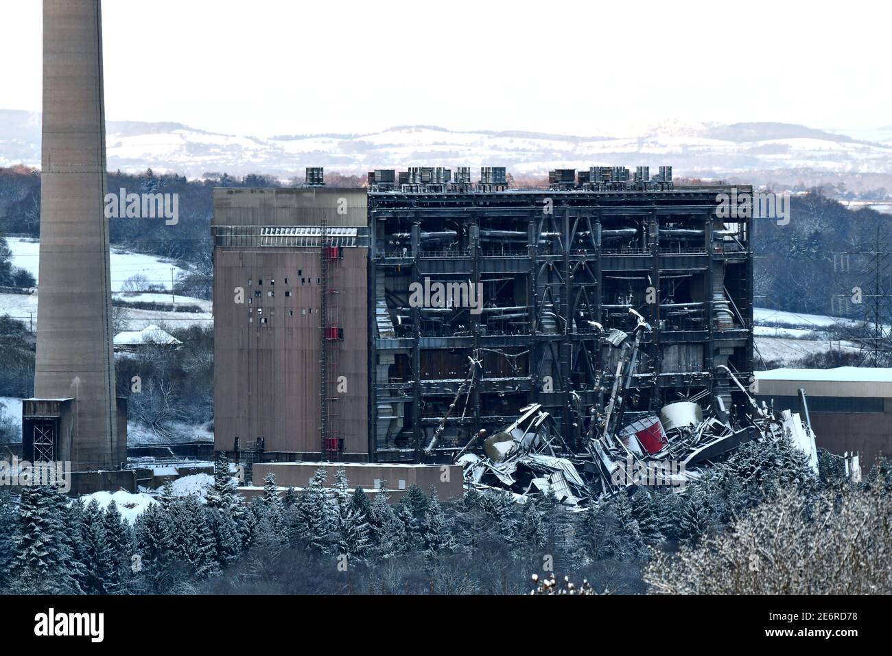 Demolition of the giant turbine hall at the decommissioned Buildwas Power Station near Ironbridge in Shropshire in winter 2021 Stock Photo