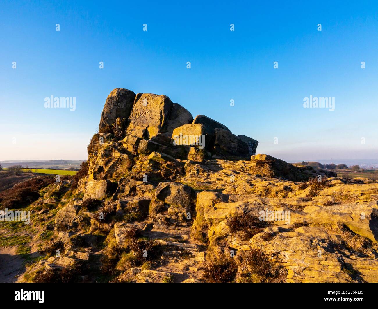 Ashover Rock or Fabrick a gritstone boulder and viewpoint near Ashover in the Peak District Derbyshire England UK Stock Photo