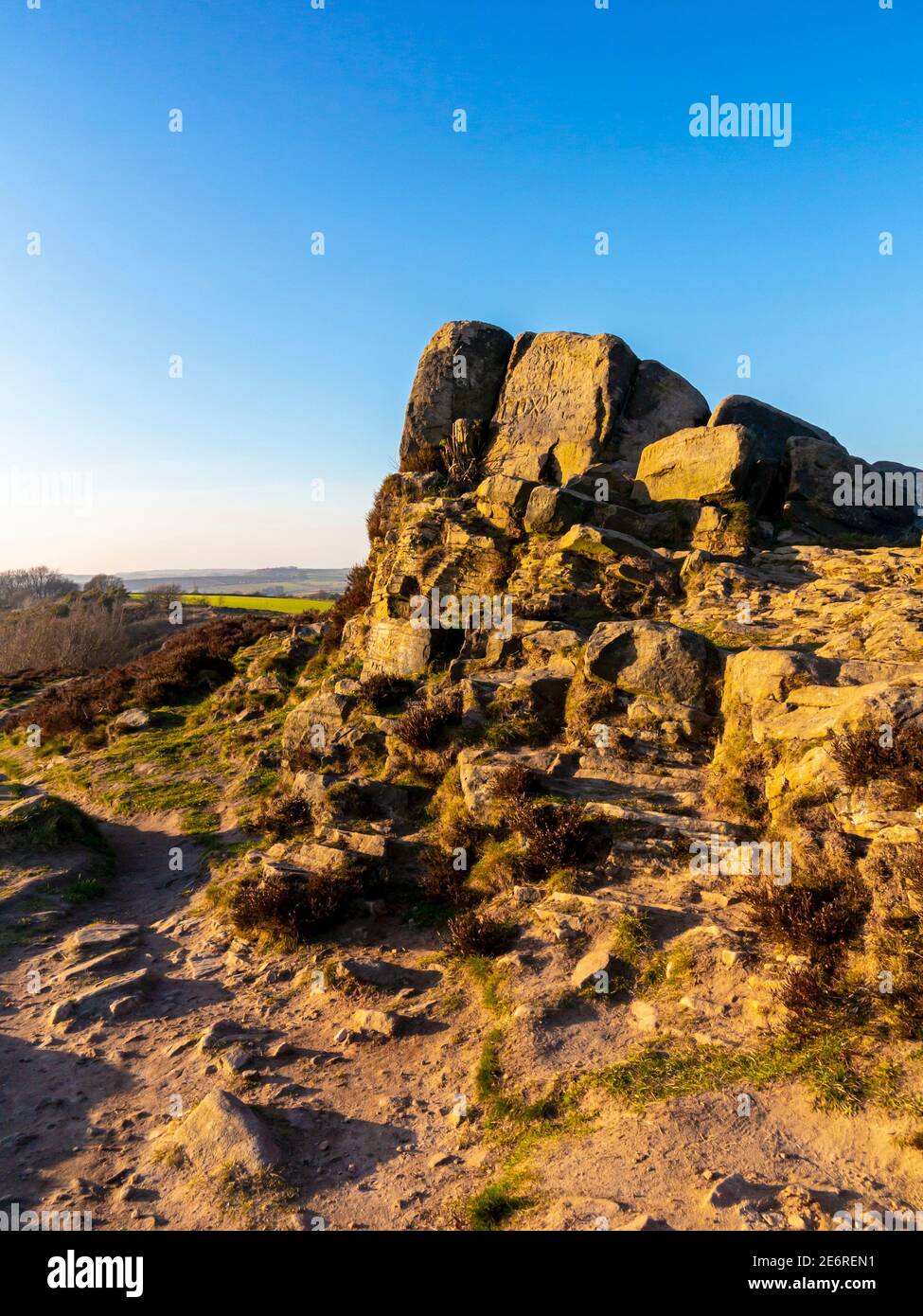 Ashover Rock or Fabrick a gritstone boulder and viewpoint near Ashover in the Peak District Derbyshire England UK Stock Photo