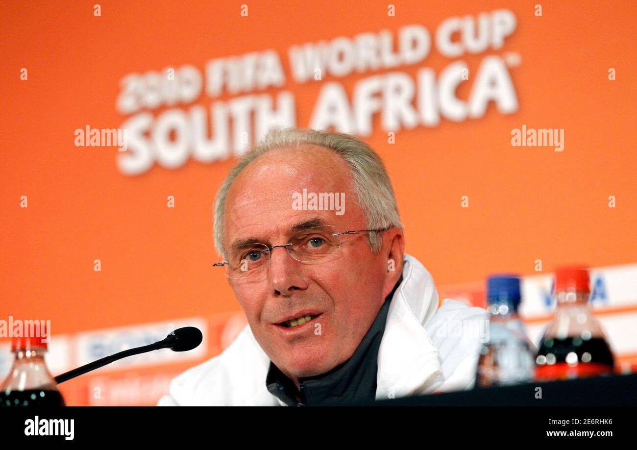Ivory Coast head coach Sven-Goran Eriksson addresses a news conference at the Mbombela stadium in Nelspruit June 24, 2010. REUTERS/Thomas Mukoya (SOUTH AFRICA - Tags: SPORT SOCCER WORLD CUP) Stock Photo