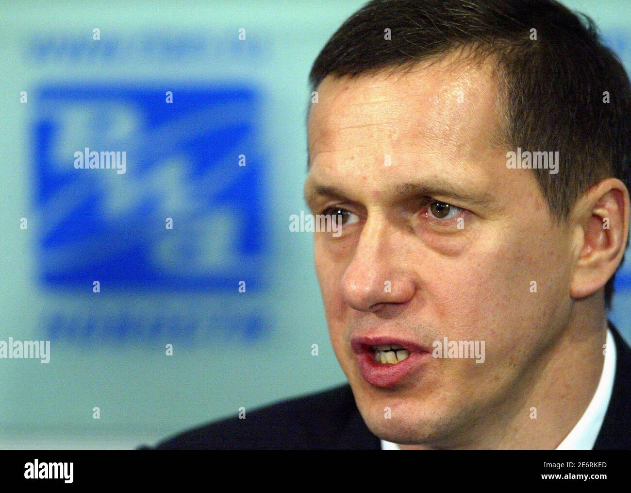 Russia's Natural Resources Minister Yuri Trutnev speaks during his news conference in Moscow on the results of his trip to Sakhalin in the country's far east, October 27, 2006. Trutnev said on Friday that British-Russian oil firm TNK-BP, which is half-owned by BP Plc, had the worst record of exploiting oil wells in Russia.   REUTERS/Anton Denisov (RUSSIA) Stock Photo