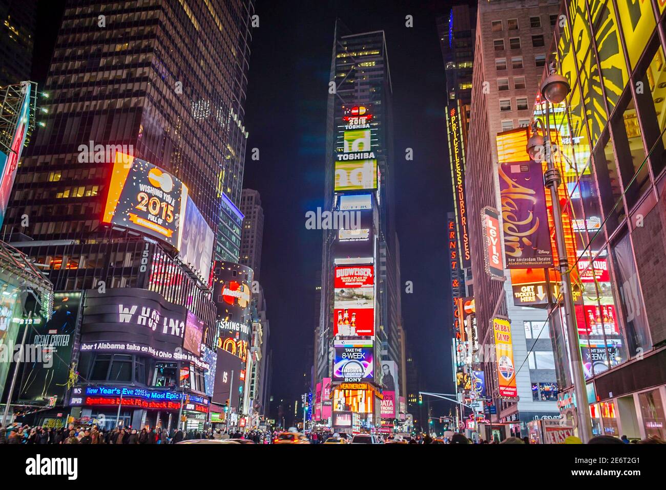 Times Square at Night. Famous Toshiba New York Tower with Animated Screens in Manhattan. New York City, USA Stock Photo