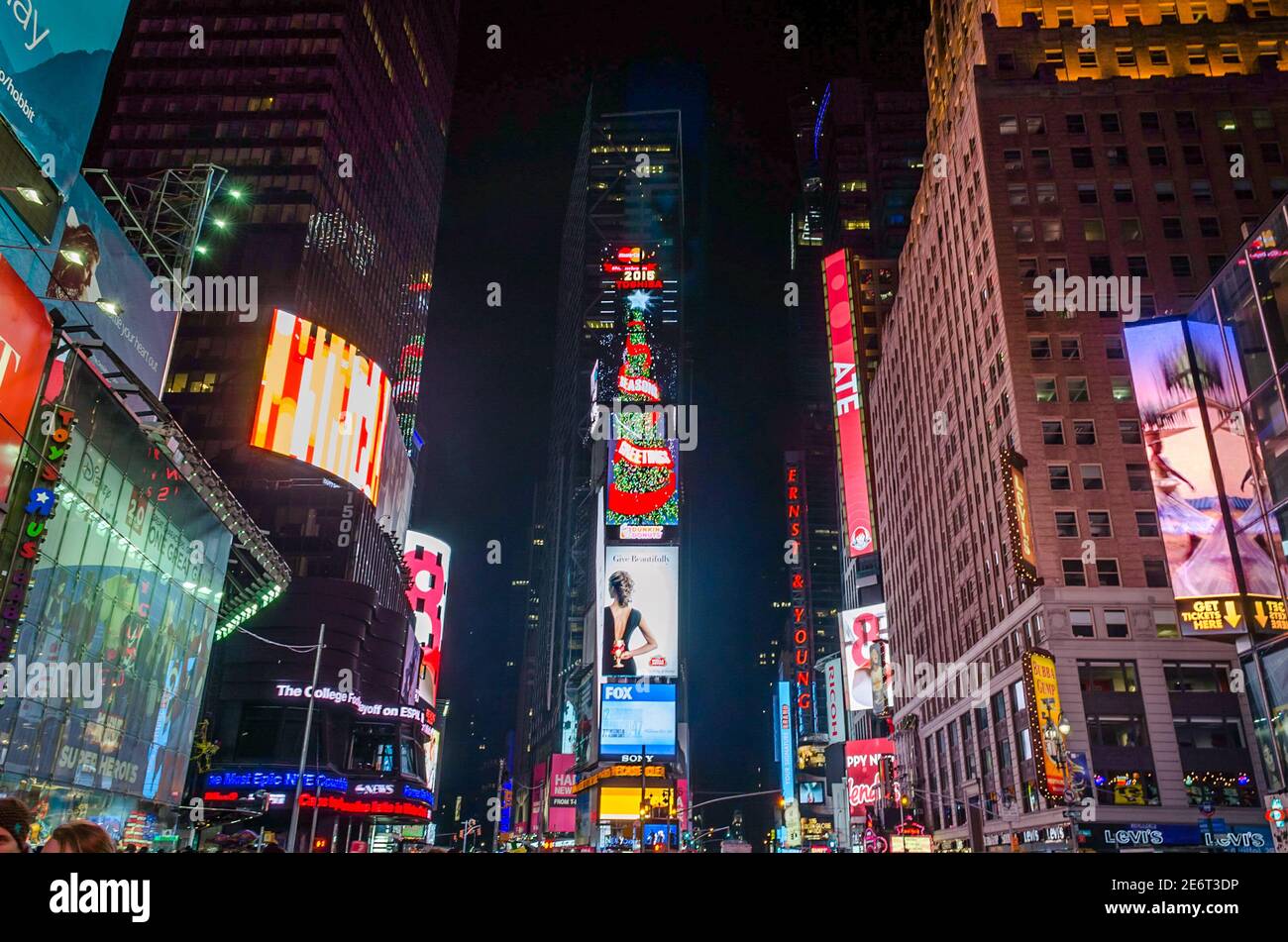 Famous Toshiba New York Tower with Animated Screens in Times Square at Night. New York City, USA Stock Photo