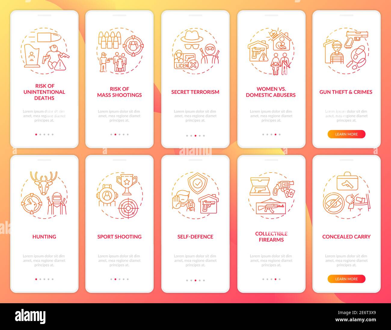 Gun control red onboarding mobile app page screen with concepts Stock Vector
