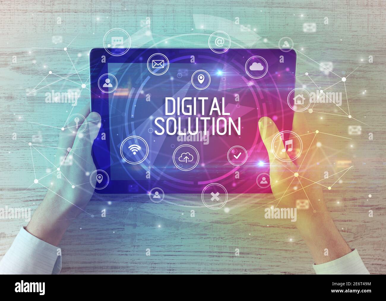 Inscription Technology Close-up of a tablet with DIGITAL SOLUTION inscription, innovative ...