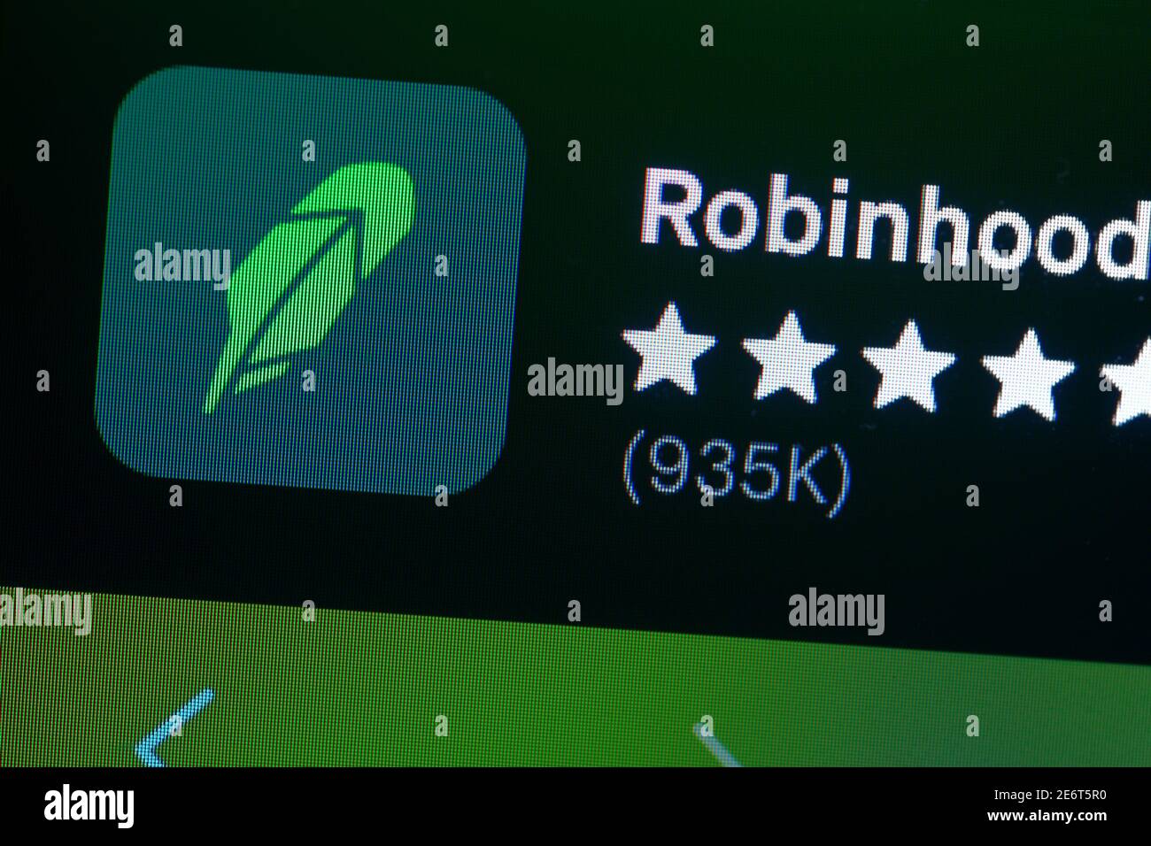 Mainz, Germany - January 29, 2021: A close up on a computer screen shows a part the frontpage and icon of the Robinhood internet trading site. Stock Photo