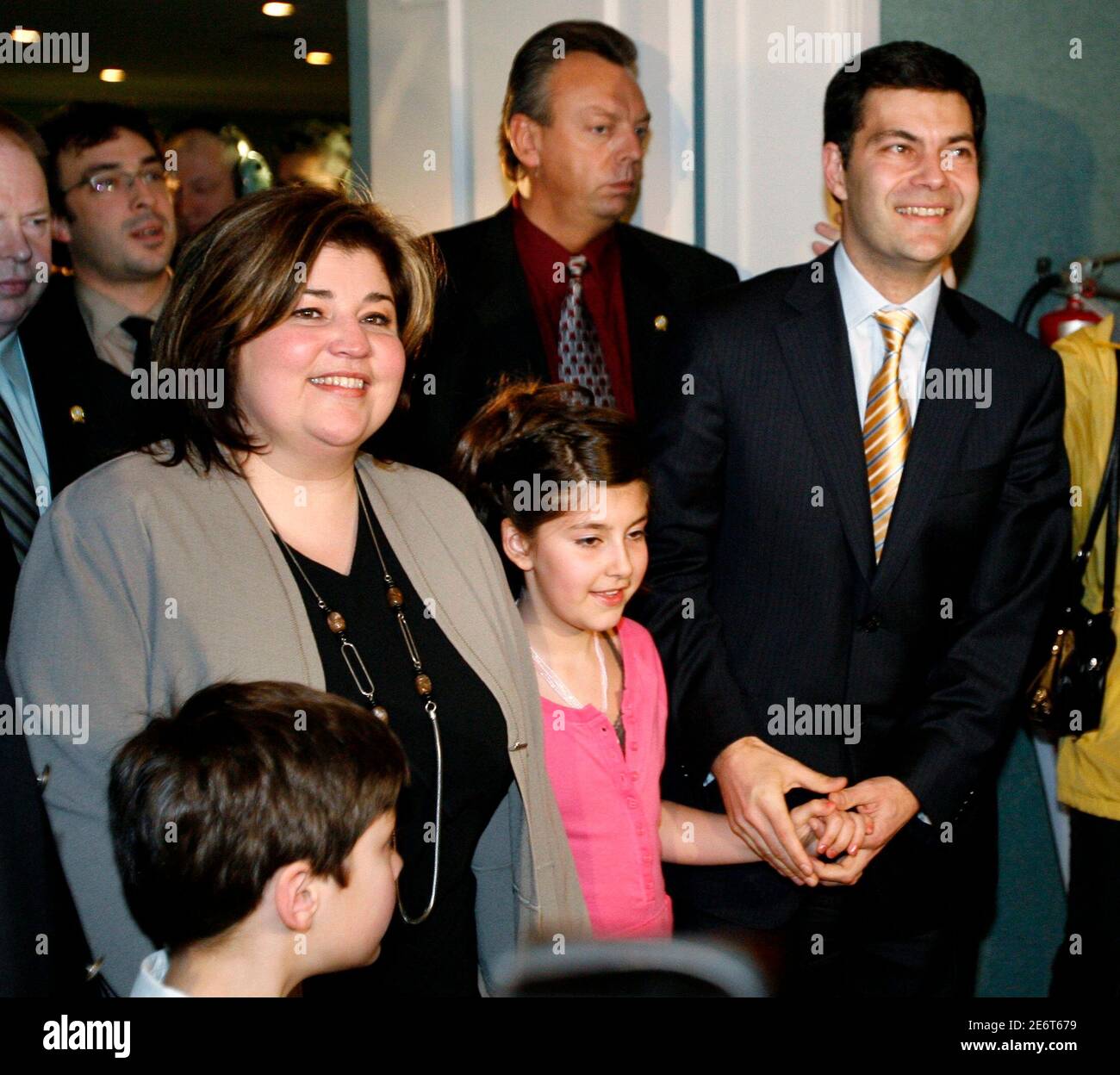 Action Democratique du Quebec (ADQ) leader Mario Dumont (R) arrives
