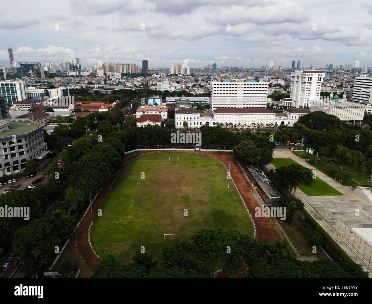 Aerial View Of Football Stadium In Lapangan Banteng Indonesia Sunset