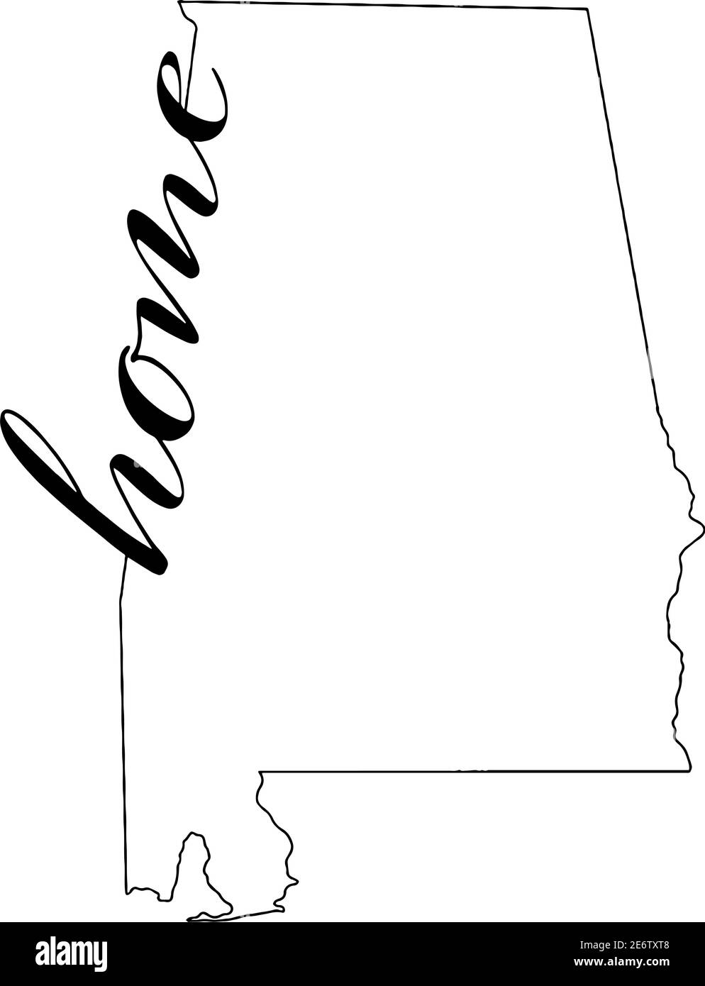 Alabama state map outline with the word home written in the map outline Stock Vector