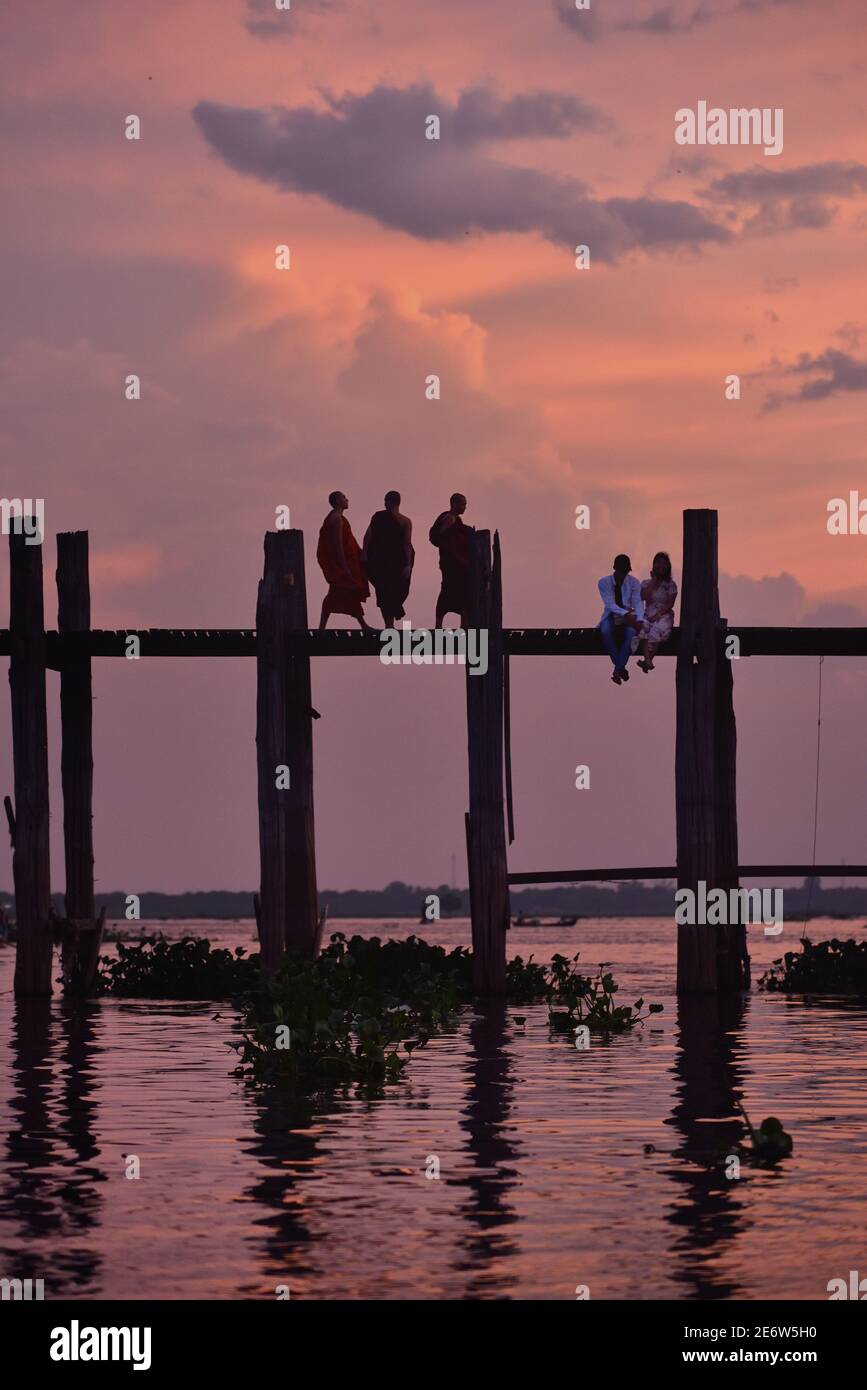 Myanmar (Burma), Amarapura, U Bein bridge and Taungthaman lake at ...