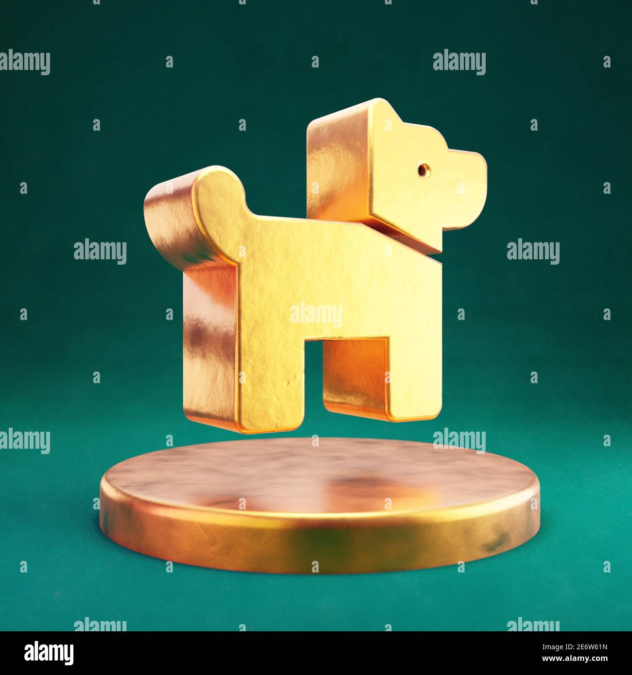 Dog icon. Fortuna Gold Dog symbol on golden podium. Stock Photo