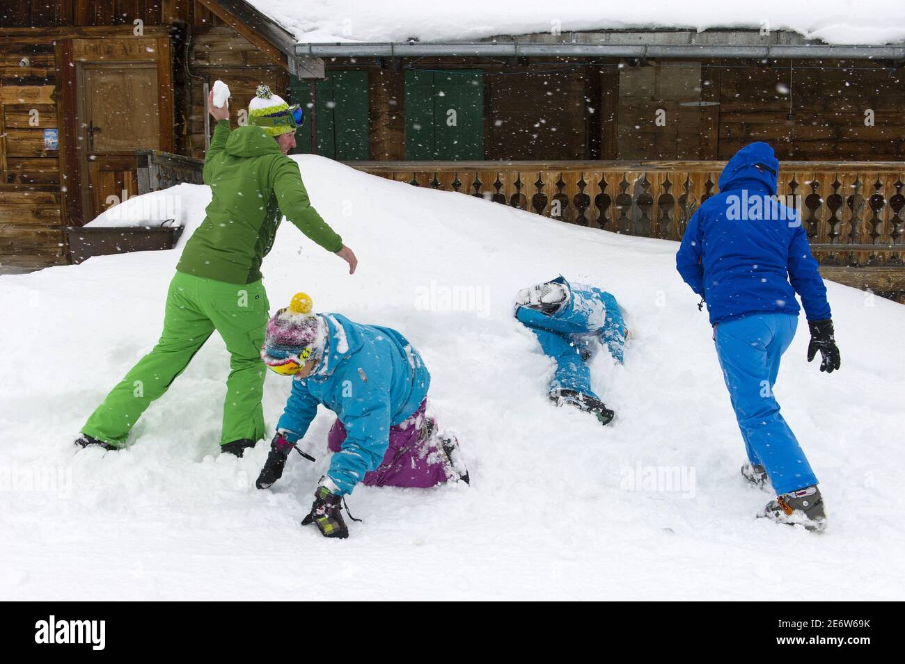 Switzerland, Canton of Valais, Morgins, snowball fight. Stock Photo
