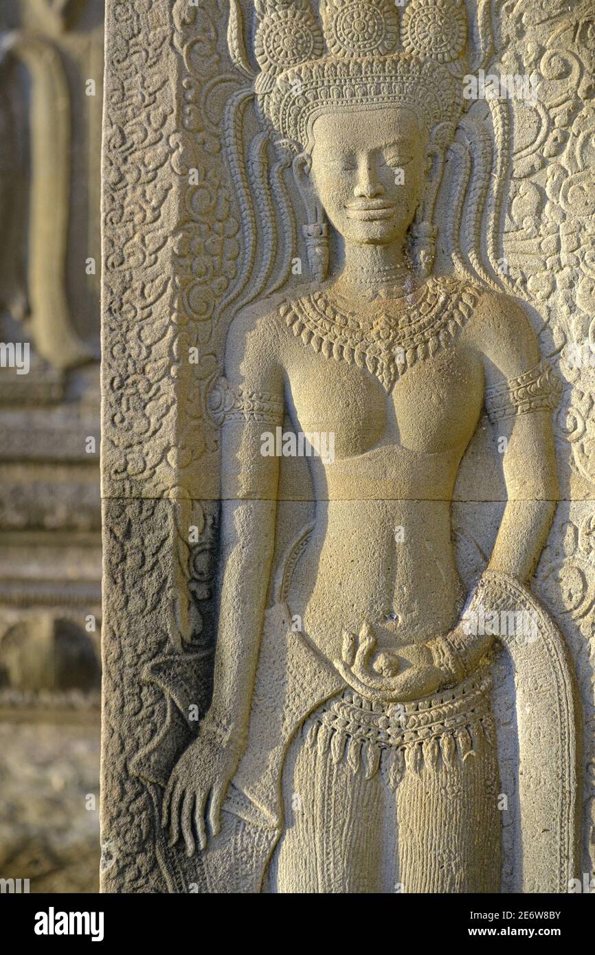 Cambodia, Angkor on World Heritage list of UNESCO, Angkor Vat temple, built in 12 th. century by King Suryavarman II, Apsaras sculptures on a gallery Stock Photo