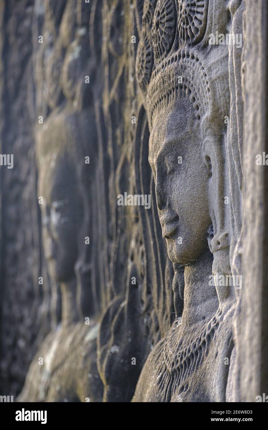 Cambodia, Angkor on World Heritage list of UNESCO, Angkor Vat temple, built in 12 th. century by King Suryavarman II, Apsaras sculptures on a gallery Stock Photo