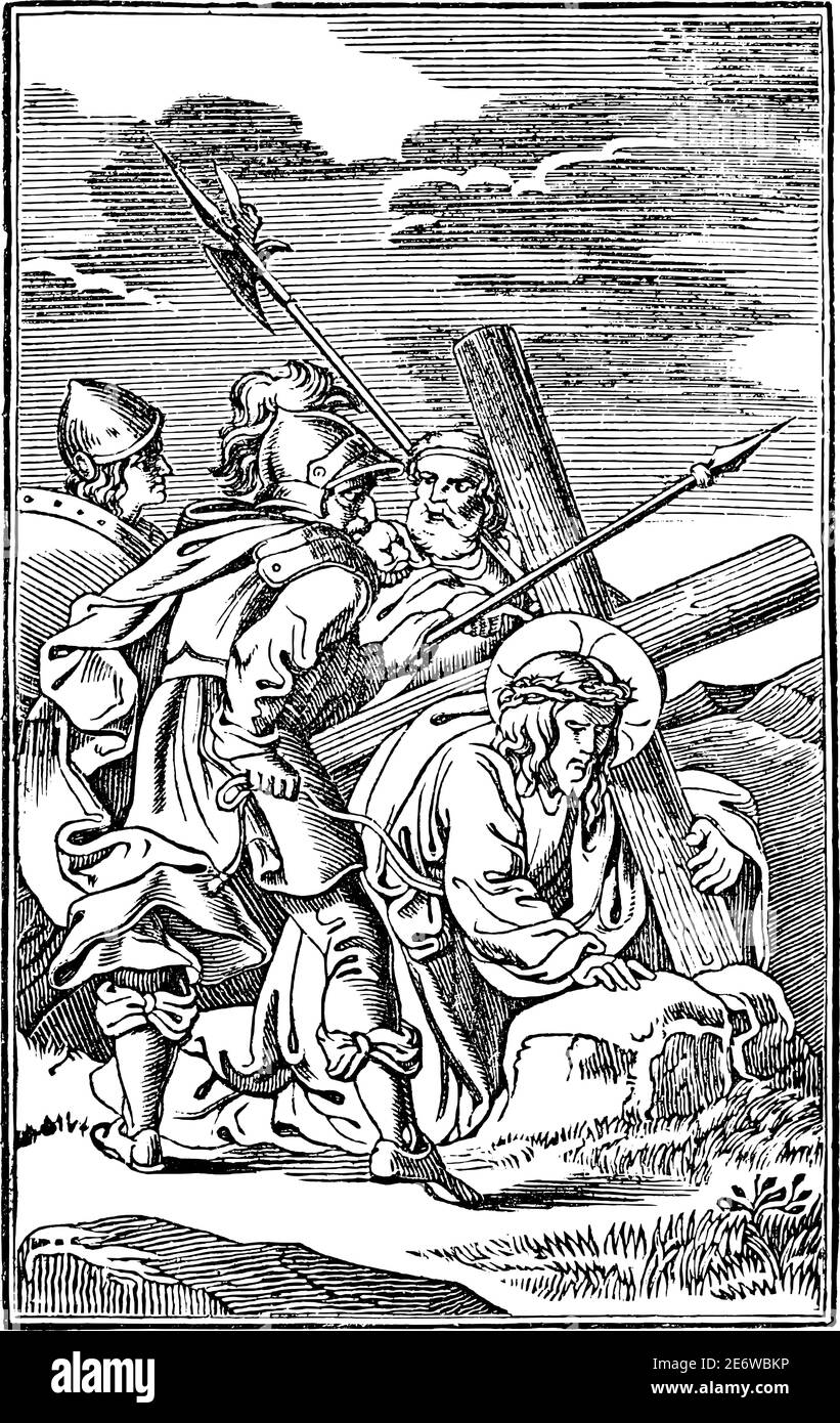 3th or third Station of the Cross or Way of the Cross or Via Crucis. Jesus falls for the first time.Bible,New Testament. Antique vintage biblical religious engraving or drawing. Stock Vector