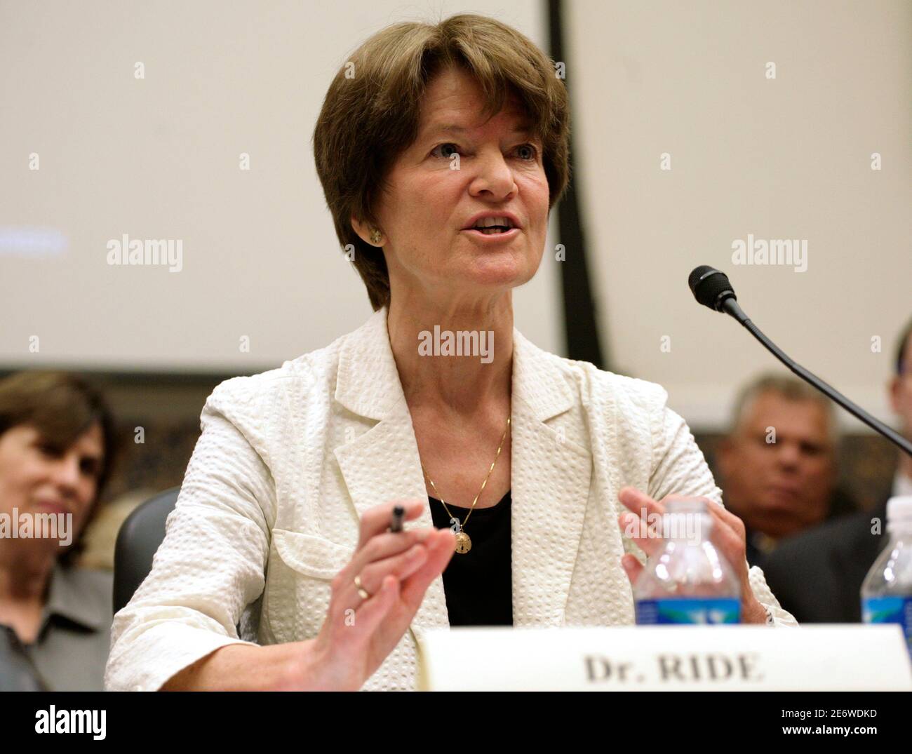 Sally Ride, first American woman in space, testifies before the House Education and Labor Committee during a hearing on Innovation in Education through Business and Education STEM Partnerships on Capitol Hill in Washington July 22, 2008. REUTERS/Yuri Gripas (UNITED STATES) Stock Photo