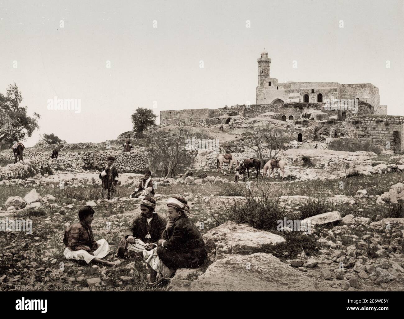 Vintage 19th century photograph: The Tomb of Samuel, commonly known as Nebi Samuel or Nebi Samwil, is the traditional burial site of the biblical Hebrew and Islamic prophet Samuel, atop a steep hill at an elevation of 908 meters above sea level. Holy Land, historically Palestine. Stock Photo