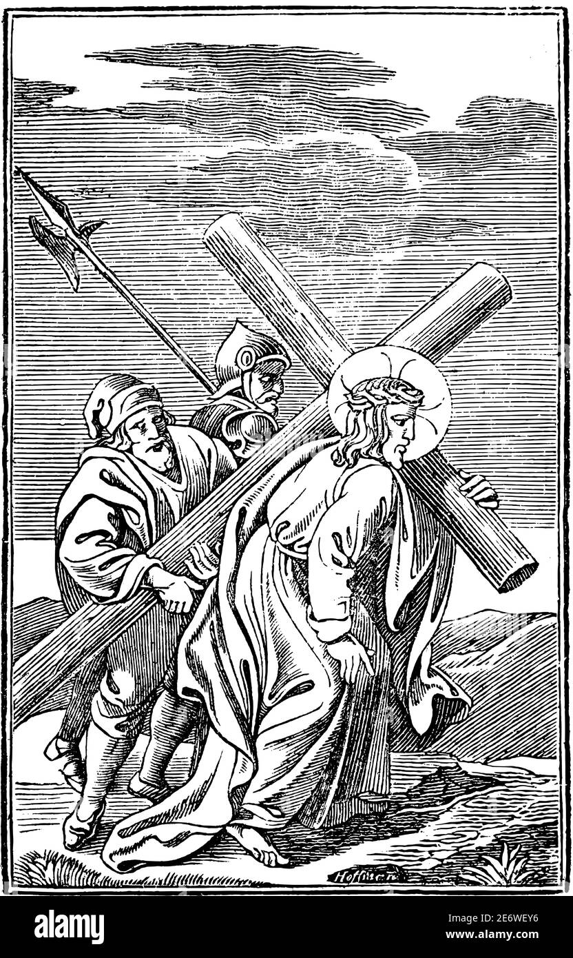 5th or fifth Station of the Cross or Way of the Cross or Via Crucis. Simon of Cyrene helps Jesus carry the cross.Bible,New Testament. Antique vintage biblical religious engraving or drawing. Stock Vector